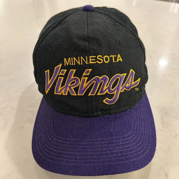 Vintage 90's Sports Specialties Minnesota Vikings NFL Script Snapback Hat Black - Picture 1 of 7